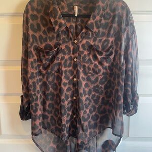 Free People Leopard Print Sheer Button-Down Blouse - Brown/Black
